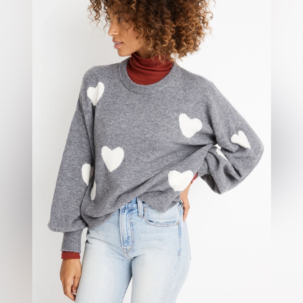 Madewell Heart Dot Balloon-Sleeve Pullover Sweater Heather Evening Size Small